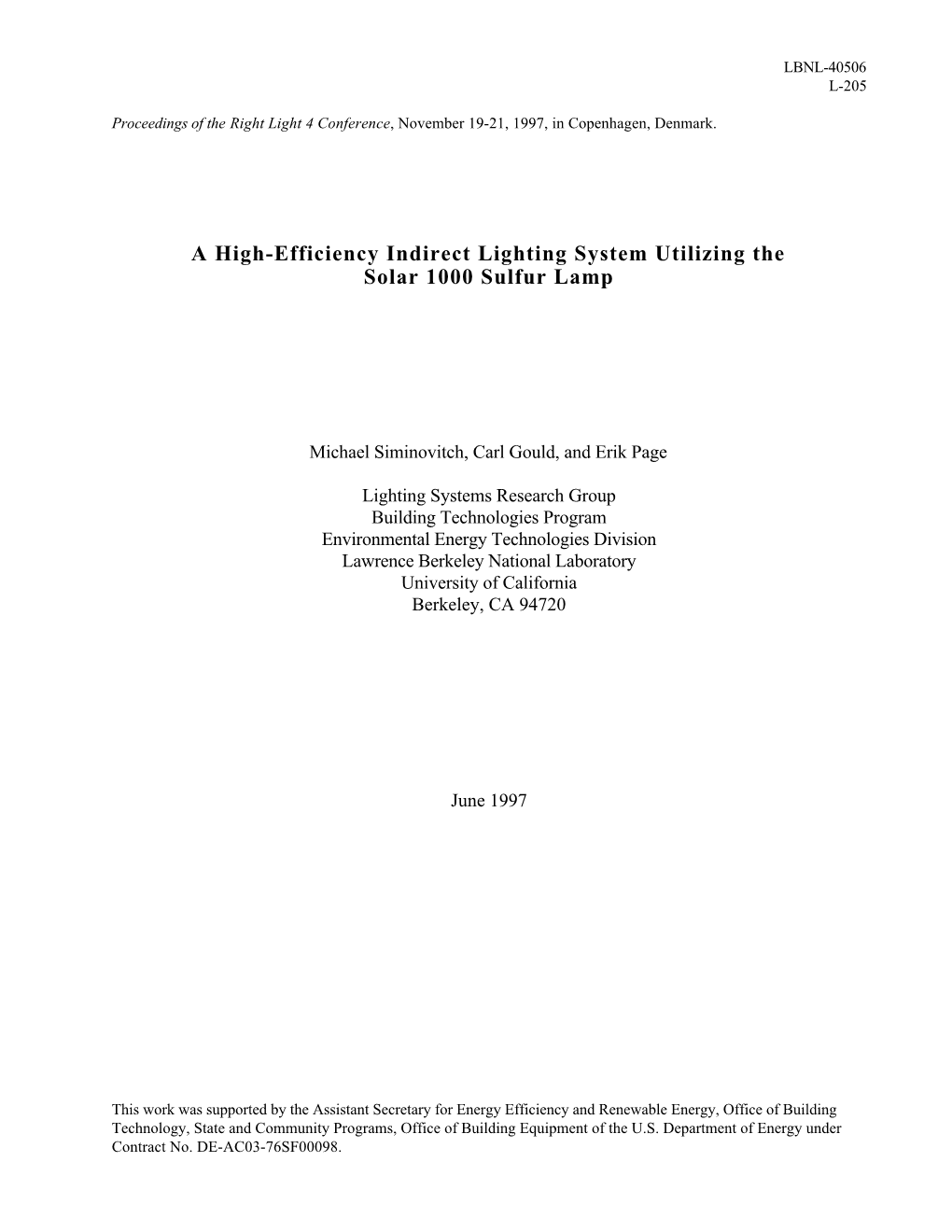 A High-Efficiency Indirect Lighting System Utilizing the Solar 1000 Sulfur Lamp