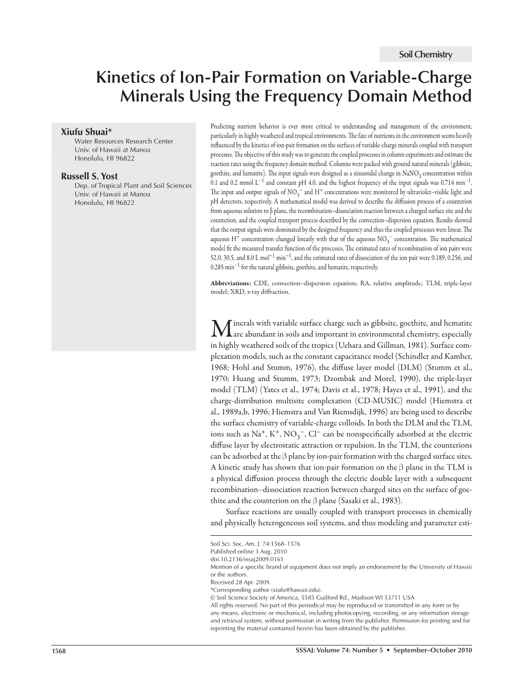 Kinetics of Ion-Pair Formation on Variable-Charge Minerals Using the Frequency Domain Method