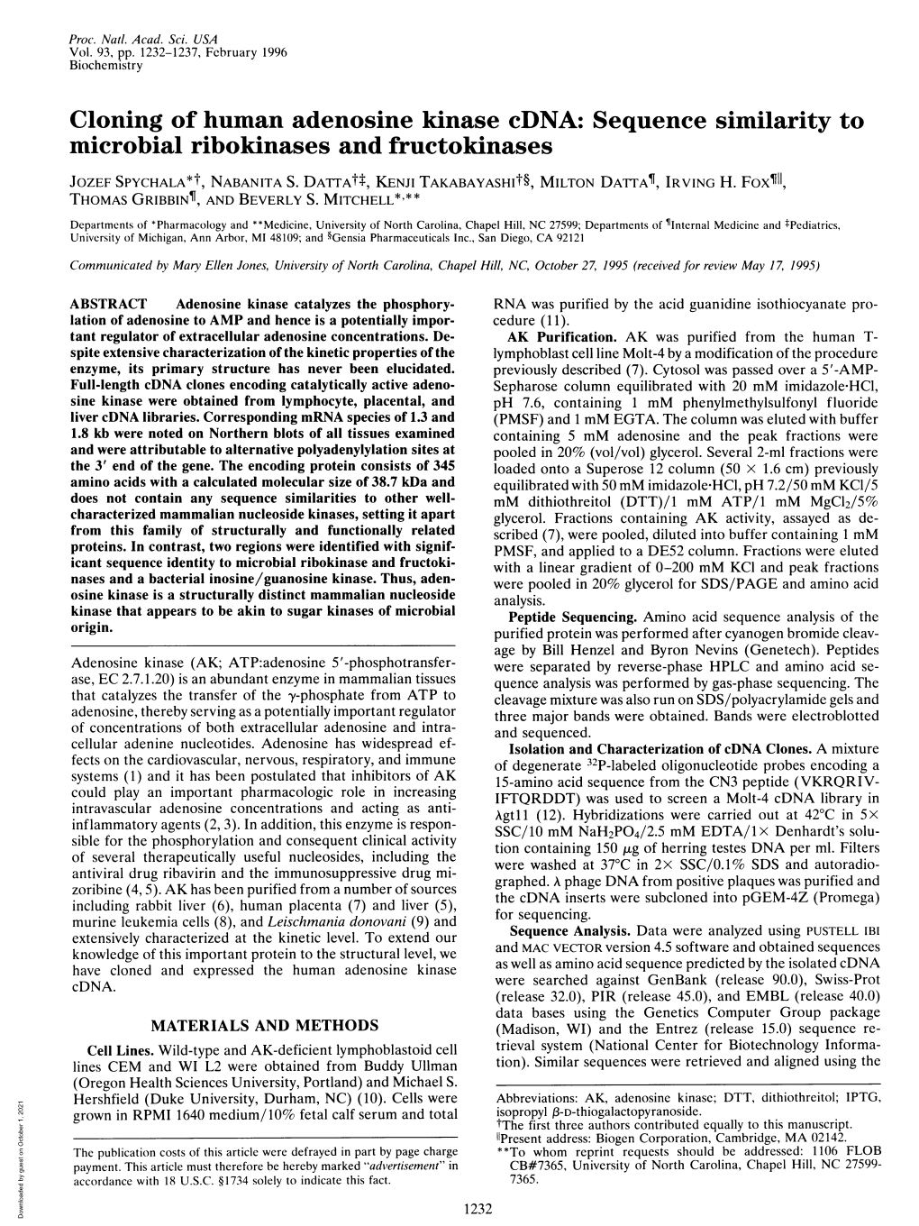 Cloning of Human Adenosine Kinase Cdna: Sequence Similarity to Microbial Ribokinases and Fructokinases JOZEF SPYCHALA*T, NABANITA S