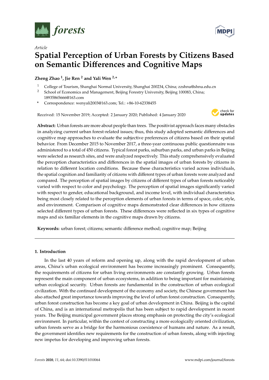 Spatial Perception of Urban Forests by Citizens Based on Semantic Diﬀerences and Cognitive Maps