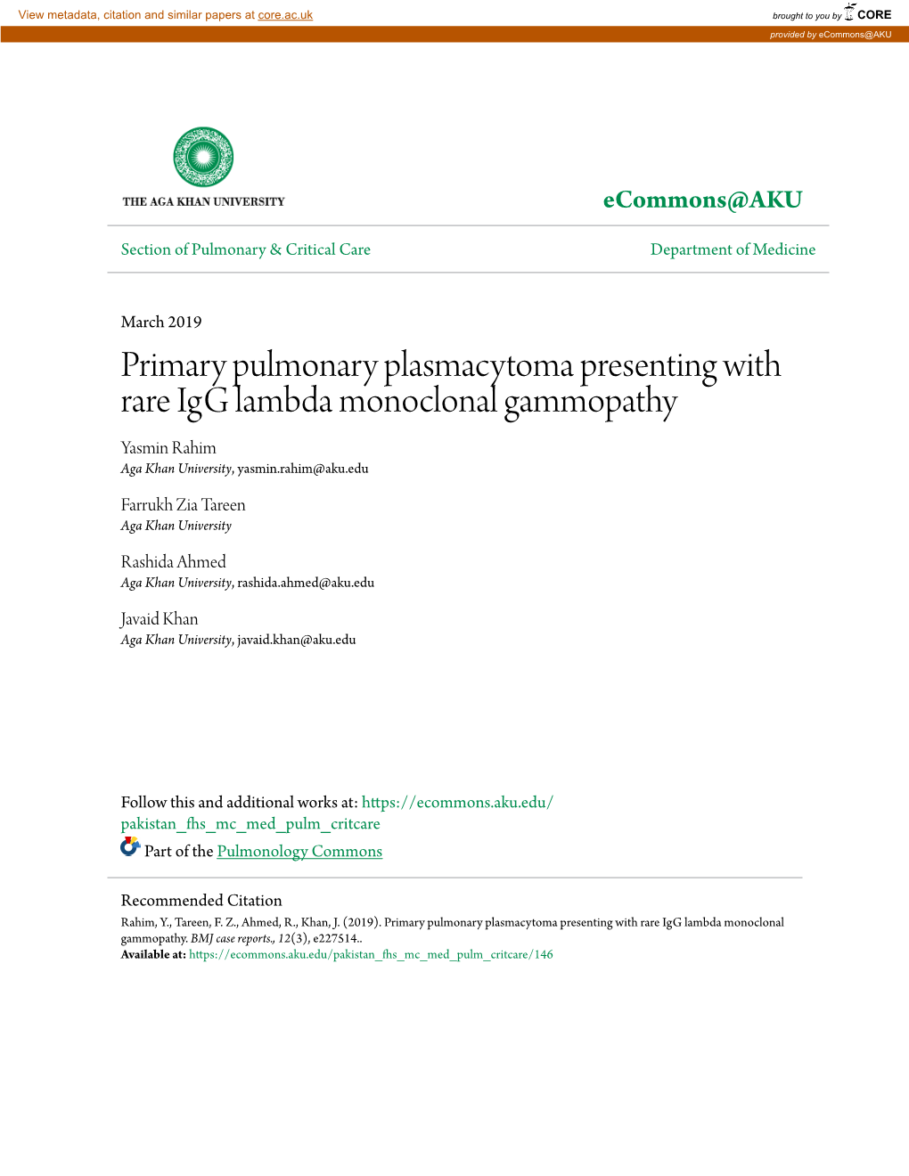 Primary Pulmonary Plasmacytoma Presenting with Rare Igg Lambda Monoclonal Gammopathy Yasmin Rahim Aga Khan University, Yasmin.Rahim@Aku.Edu