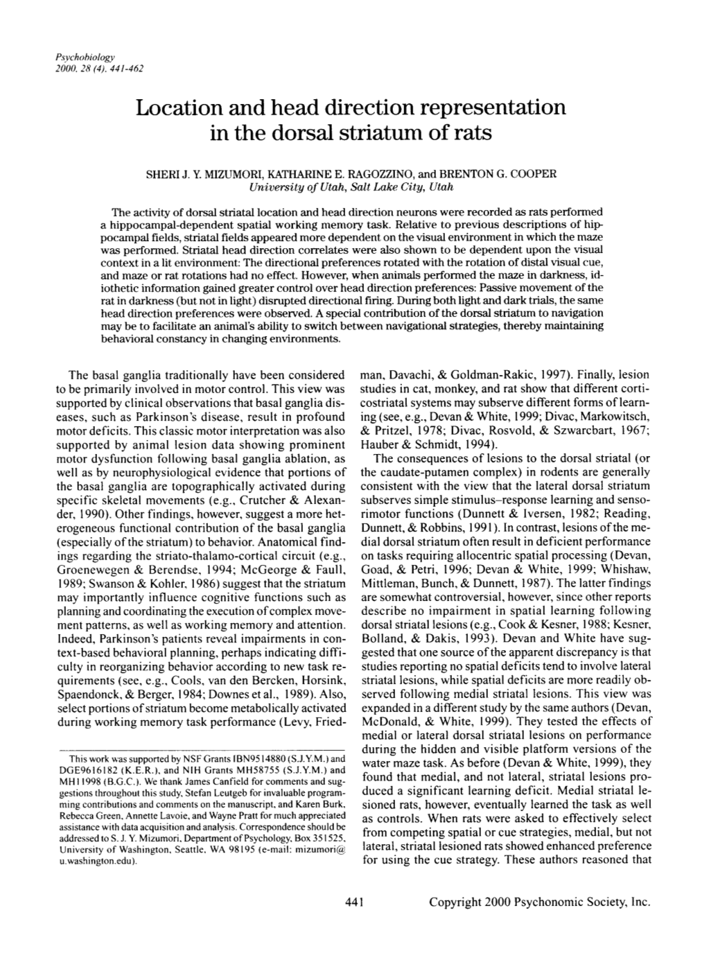 Location and Head Direction Representation in the Dorsal Striatum of Rats