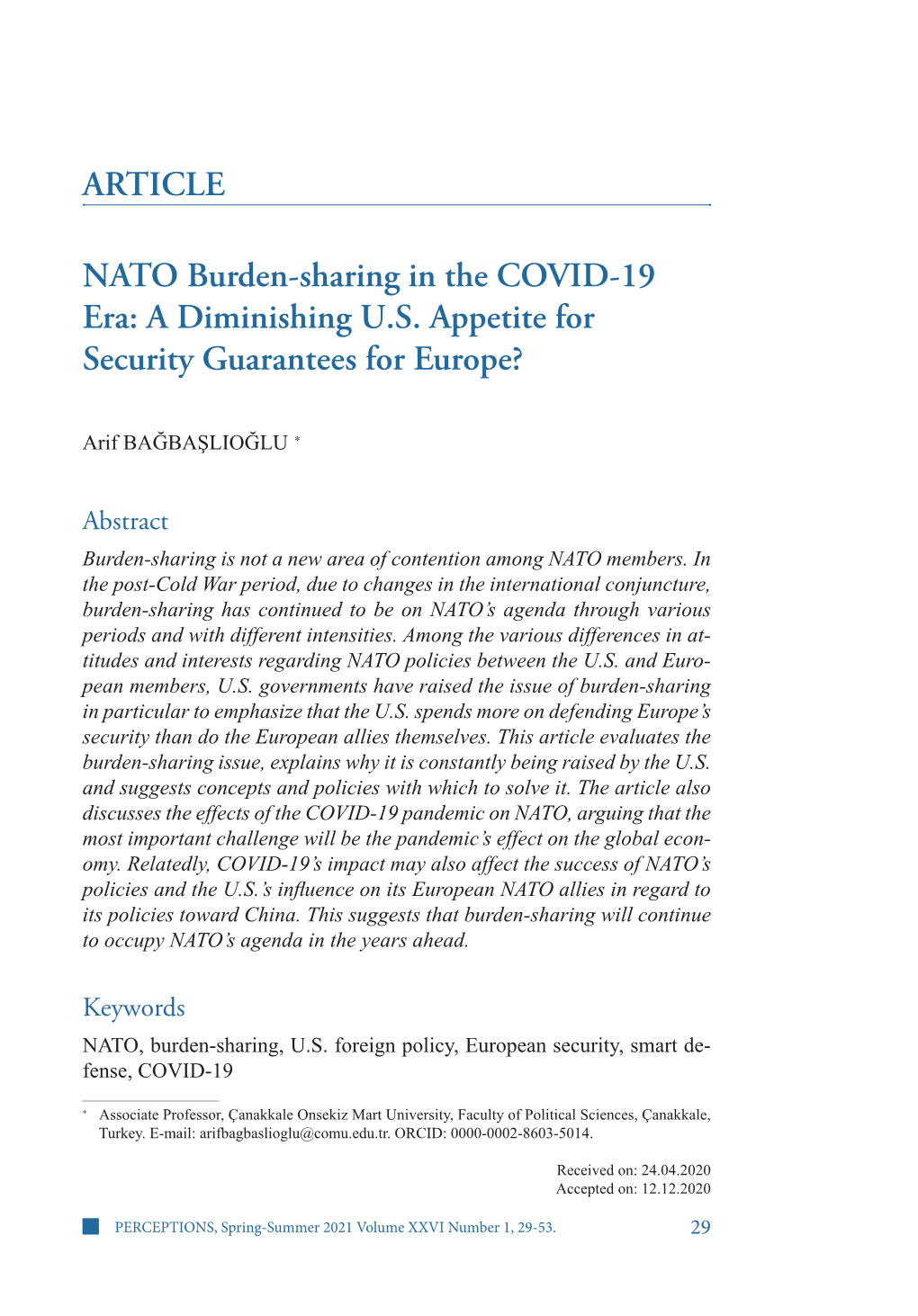 ARTICLE NATO Burden-Sharing in the COVID-19 Era: a Diminishing U.S