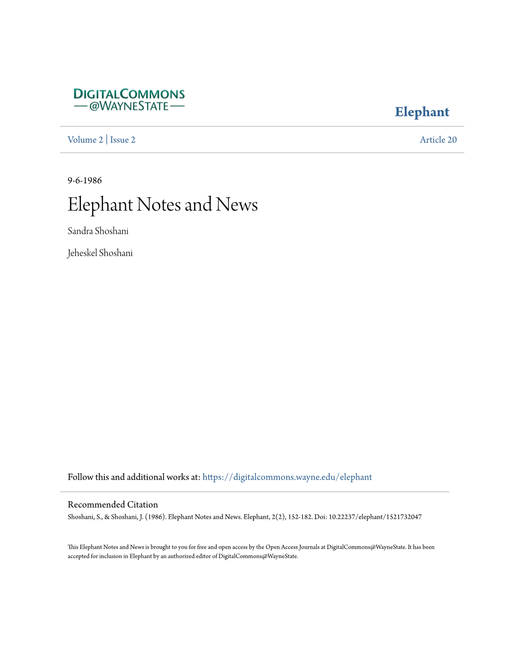 Elephant Notes and News Sandra Shoshani