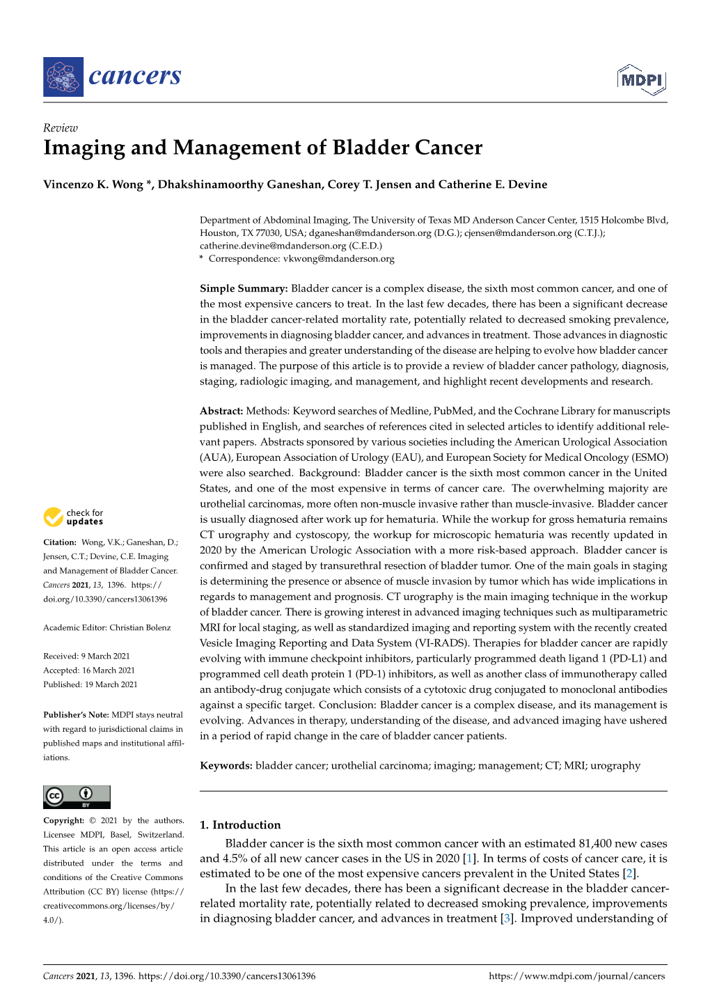 Imaging and Management of Bladder Cancer