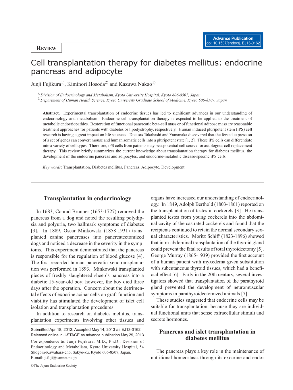 Cell Transplantation Therapy for Diabetes Mellitus: Endocrine Pancreas and Adipocyte