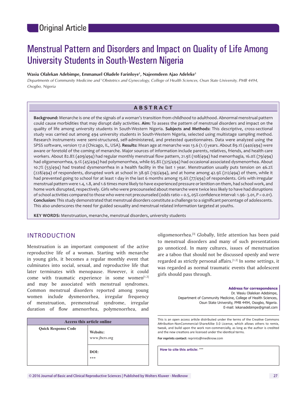 Menstrual Pattern and Disorders and Impact on Quality of Life Among University Students in South-Western Nigeria