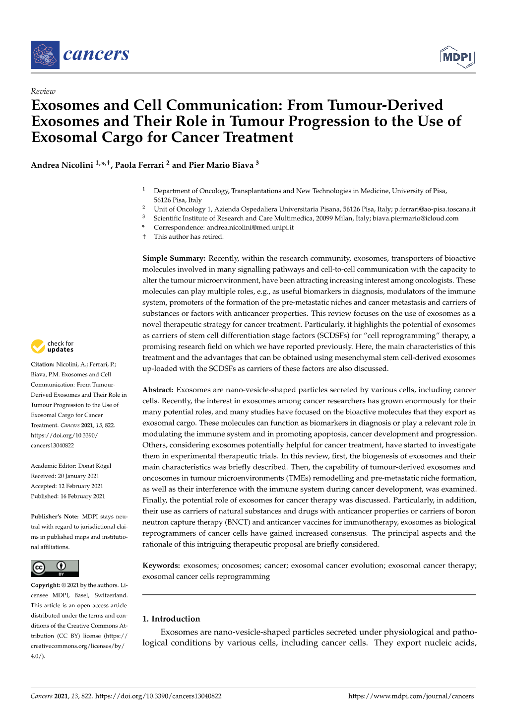 Exosomes and Cell Communication: from Tumour-Derived Exosomes and Their Role in Tumour Progression to the Use of Exosomal Cargo for Cancer Treatment