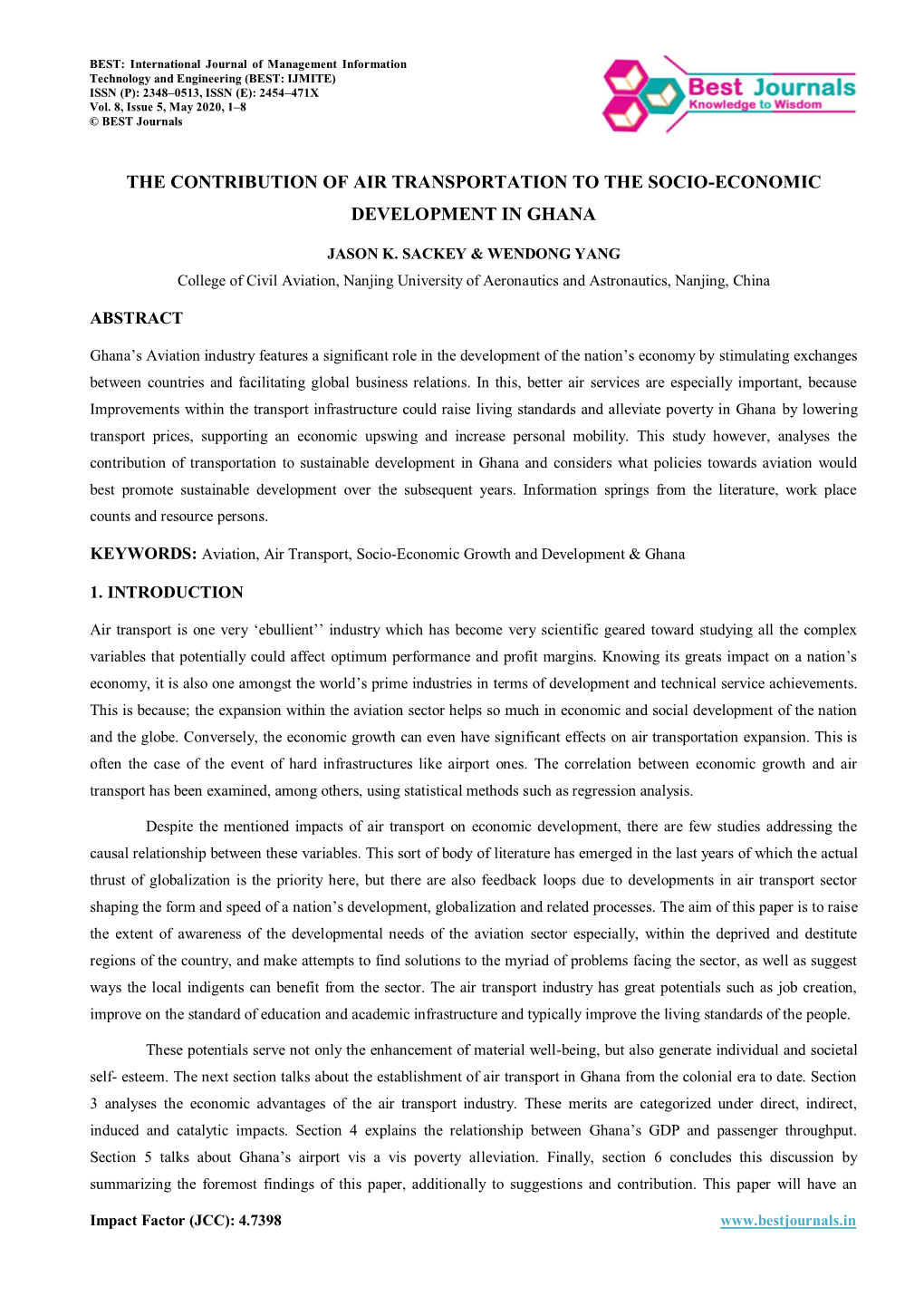 The Contribution of Air Transportation to the Socio-Economic Development in Ghana