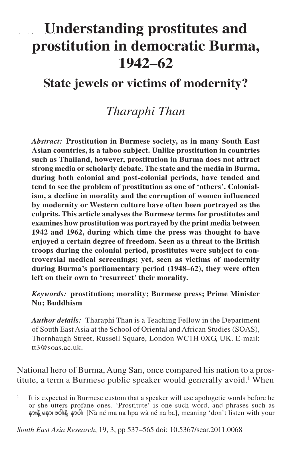 Understanding Prostitutes and Prostitution in Democratic Burma