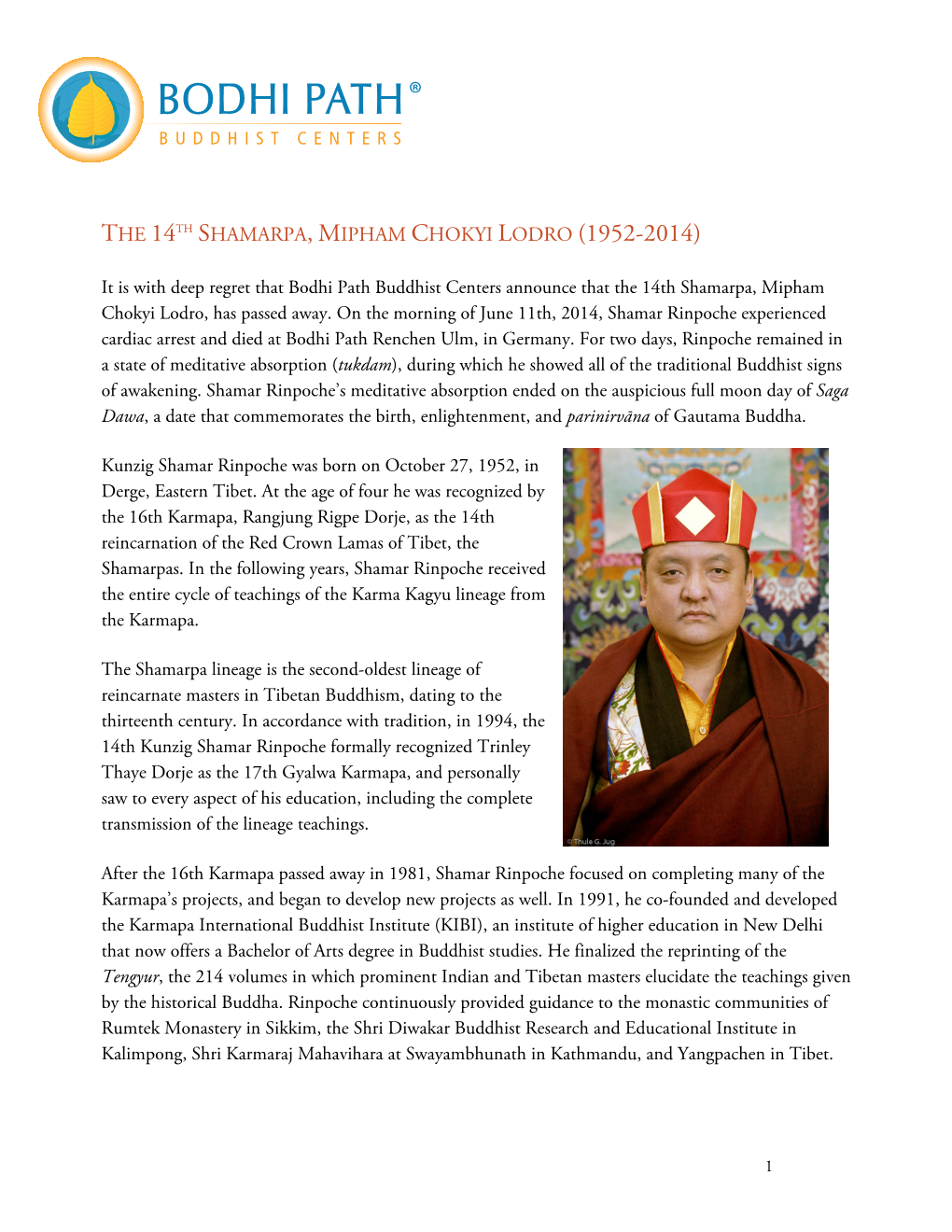 The 14Th Shamarpa, Mipham Chokyi Lodro (1952-2014)