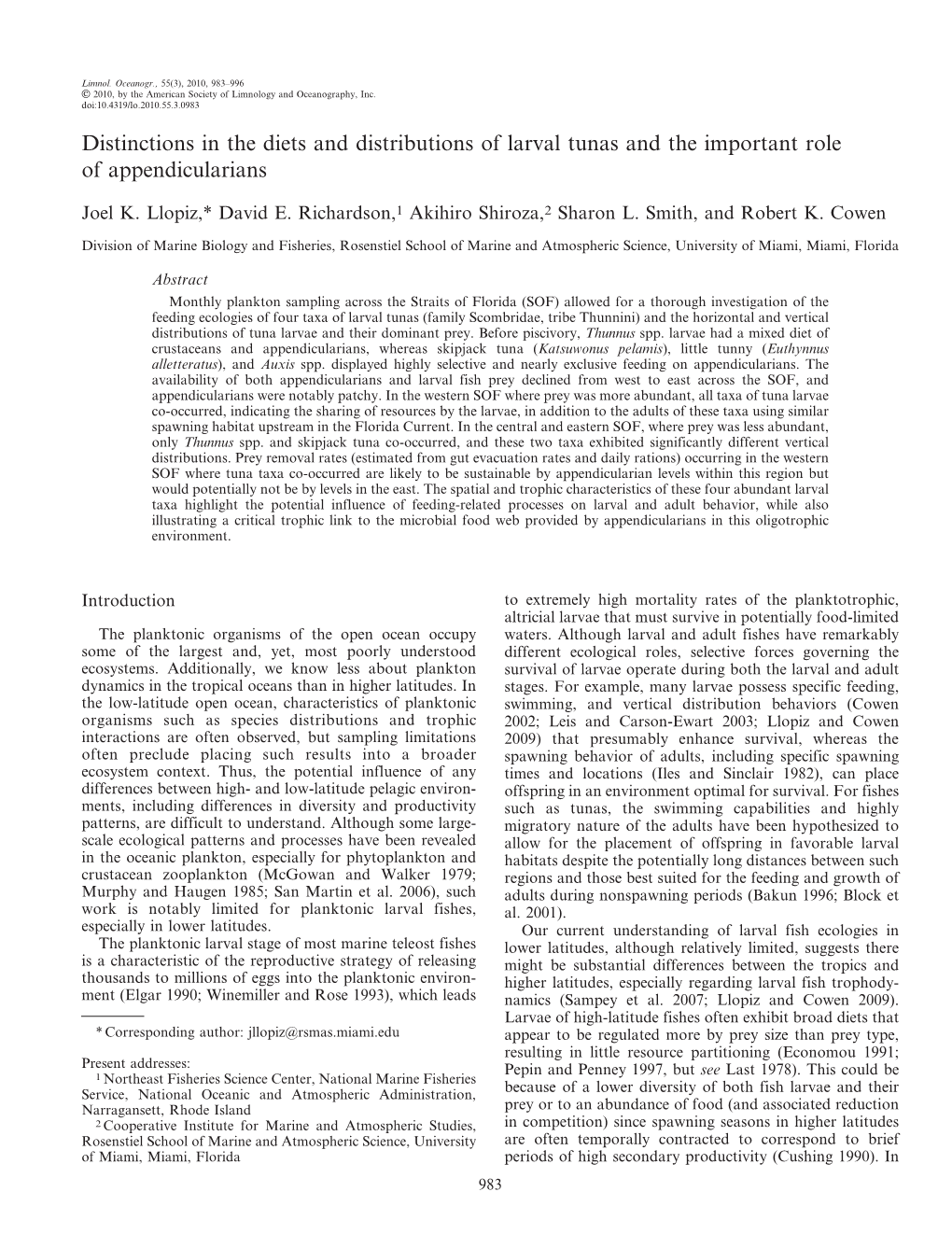 Distinctions in the Diets and Distributions of Larval Tunas and the Important Role of Appendicularians