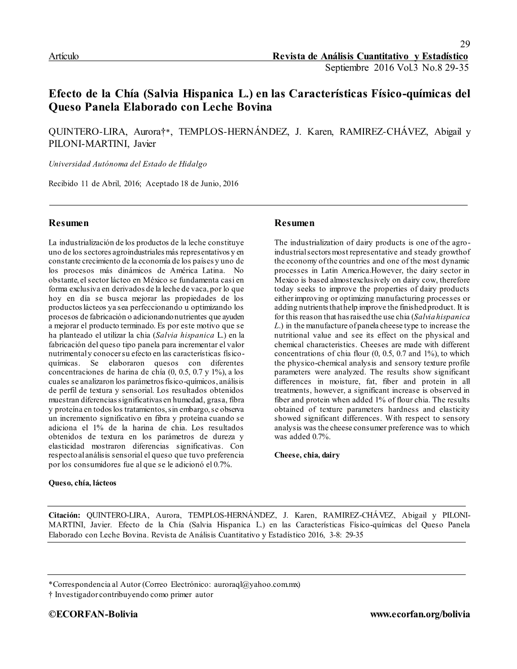 Efecto De La Chía (Salvia Hispanica L.) En Las Características Físico-Químicas Del Queso Panela Elaborado Con Leche Bovina
