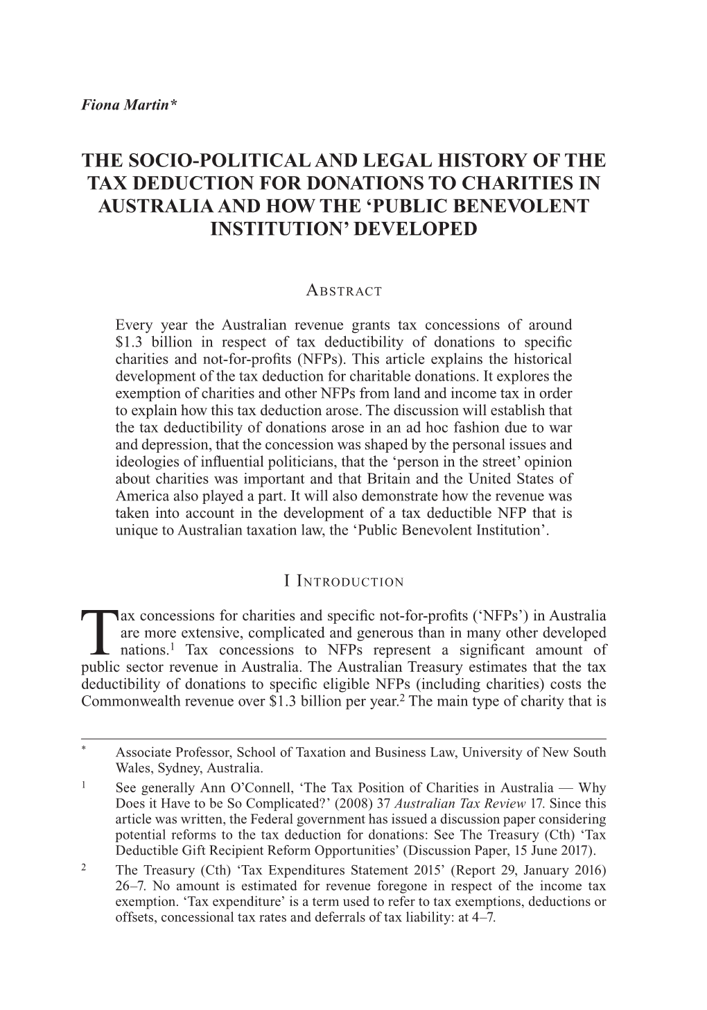 The Socio-Political and Legal History of the Tax Deduction for Donations to Charities in Australia and How the 'Public Benevol