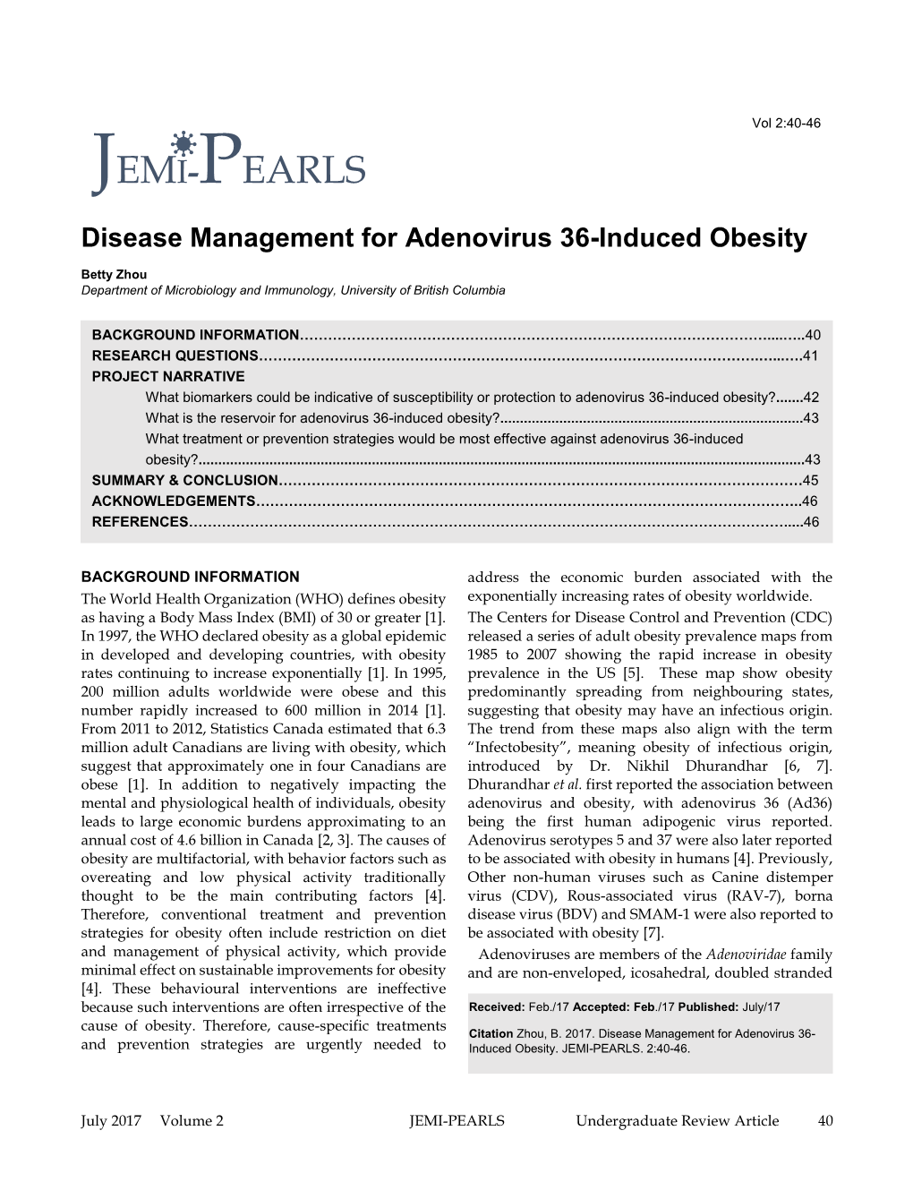 JEMI-PEARLS Disease Management for Adenovirus 36-Induced Obesity