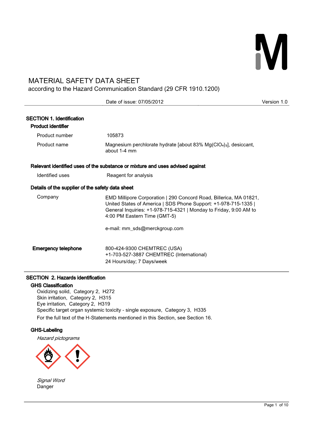 MATERIAL SAFETY DATA SHEET According to the Hazard Communication Standard (29 CFR 1910.1200)