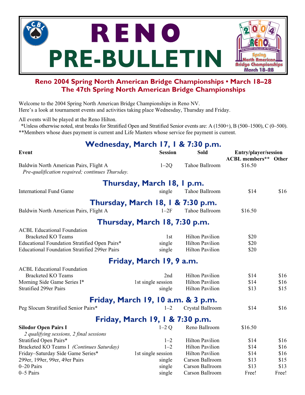 Reno 2004 Spring North American Bridge Championships • March 18–28 the 47Th Spring North American Bridge Championships