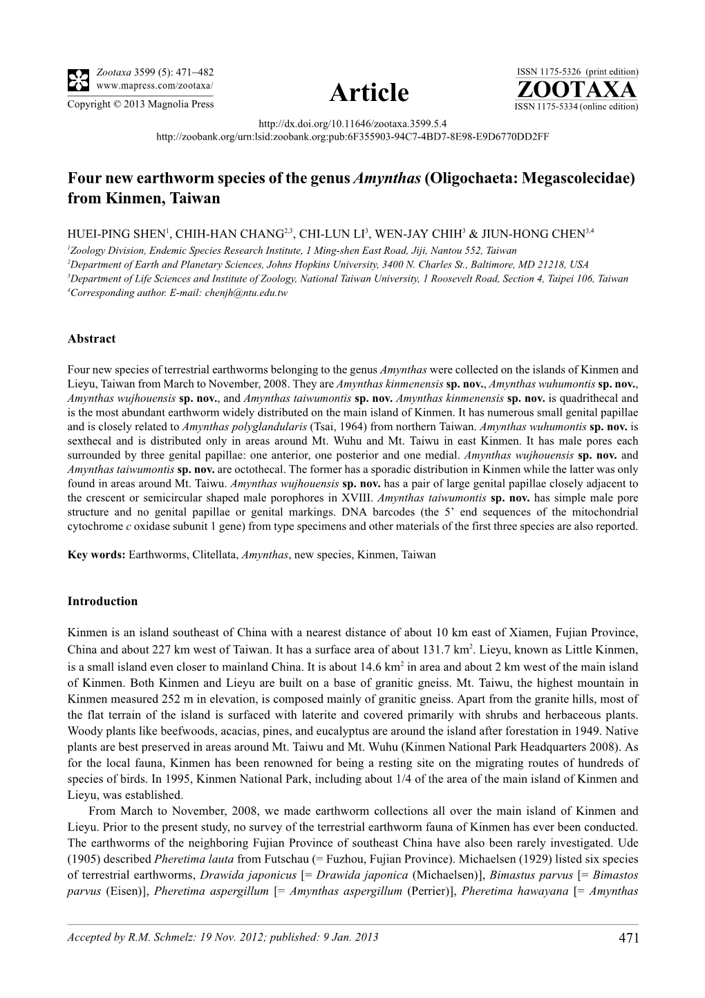 Four New Earthworm Species of the Genus Amynthas (Oligochaeta: Megascolecidae) from Kinmen, Taiwan