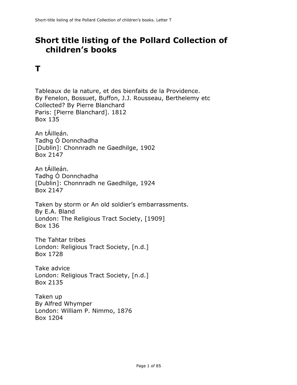 Short Title Listing of the Pollard Collection of Children's Books