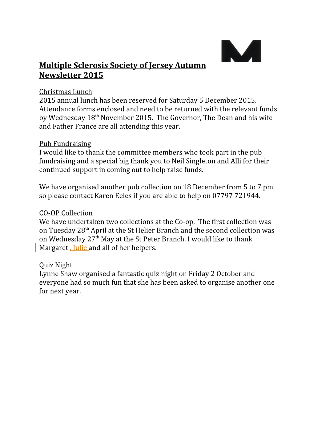 Multiple Sclerosis Society of Jersey Autumn Newsletter 2015