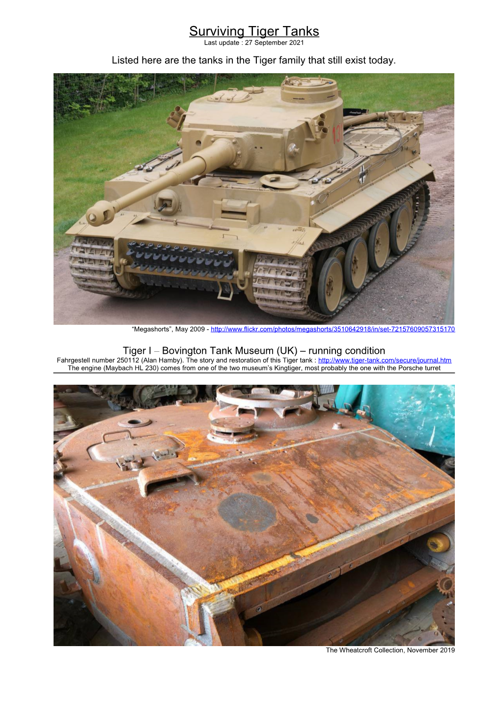 Surviving Tiger Tanks Last Update : 27 September 2021 Listed Here Are the Tanks in the Tiger Family That Still Exist Today