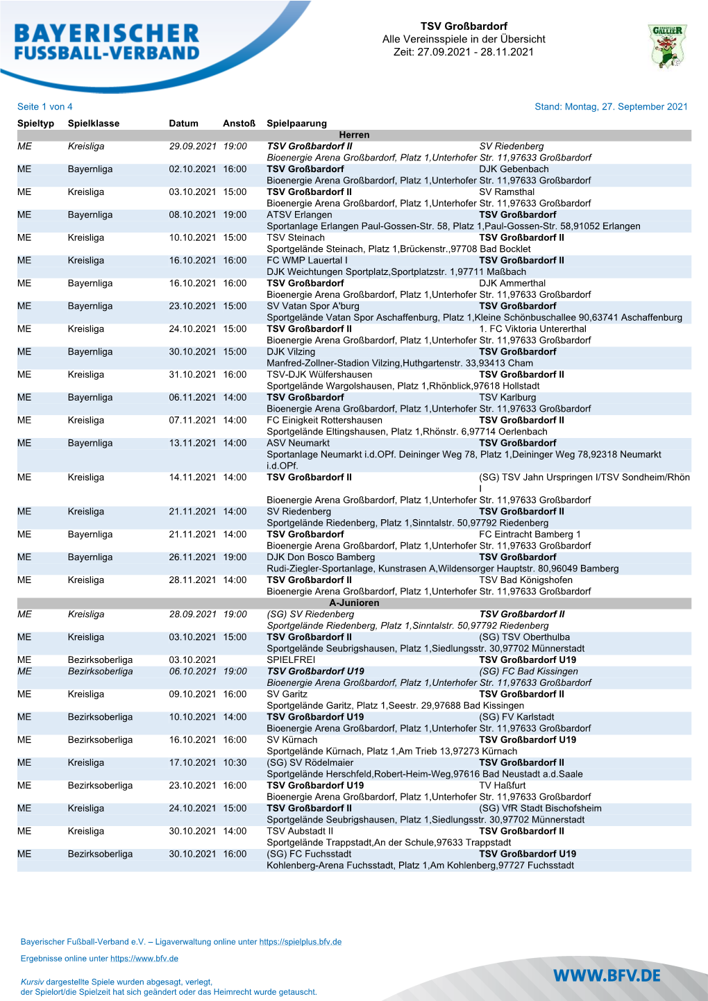 TSV Großbardorf Alle Vereinsspiele in Der Übersicht Zeit: 03.09.2021