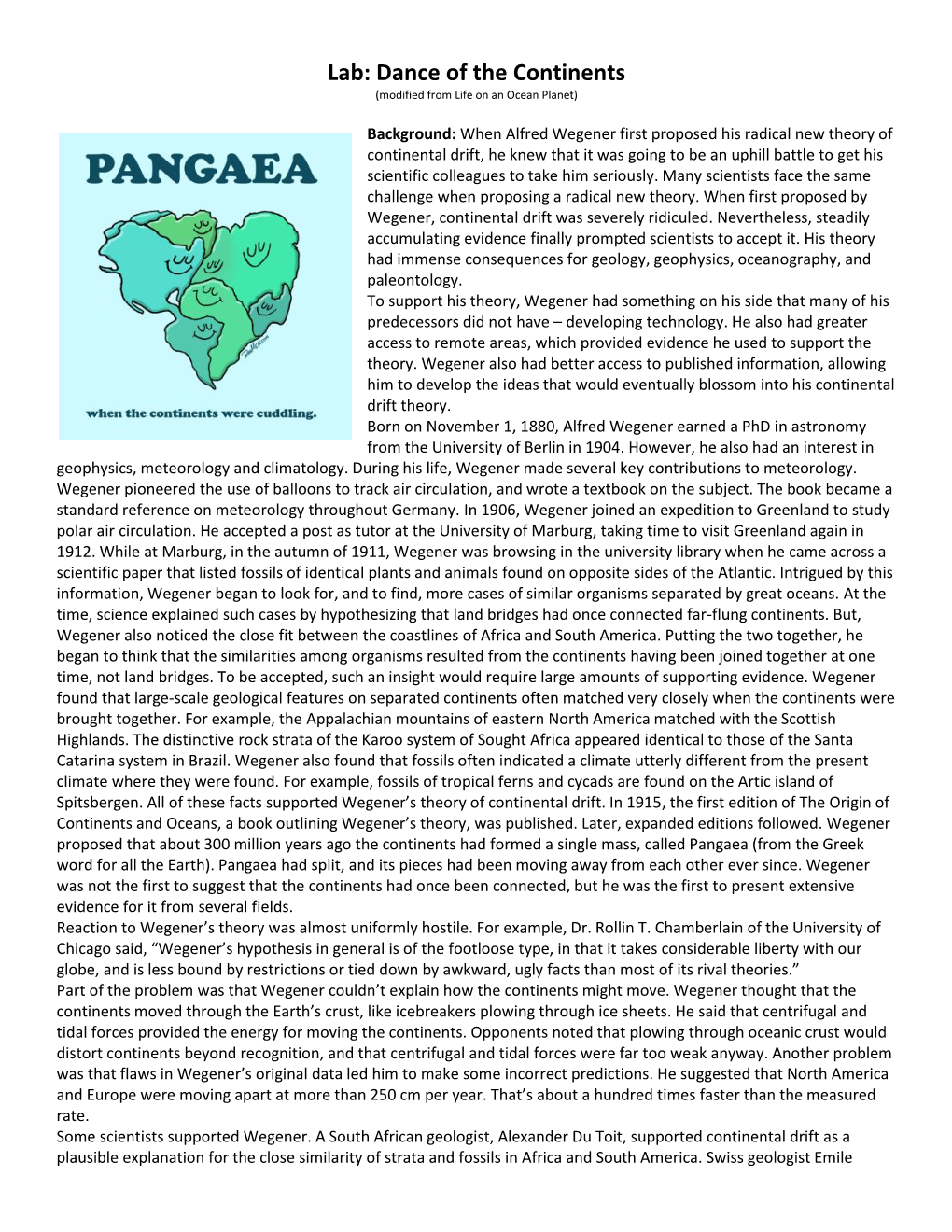 Lab: Dance of the Continents (Modified from Life on an Ocean Planet)