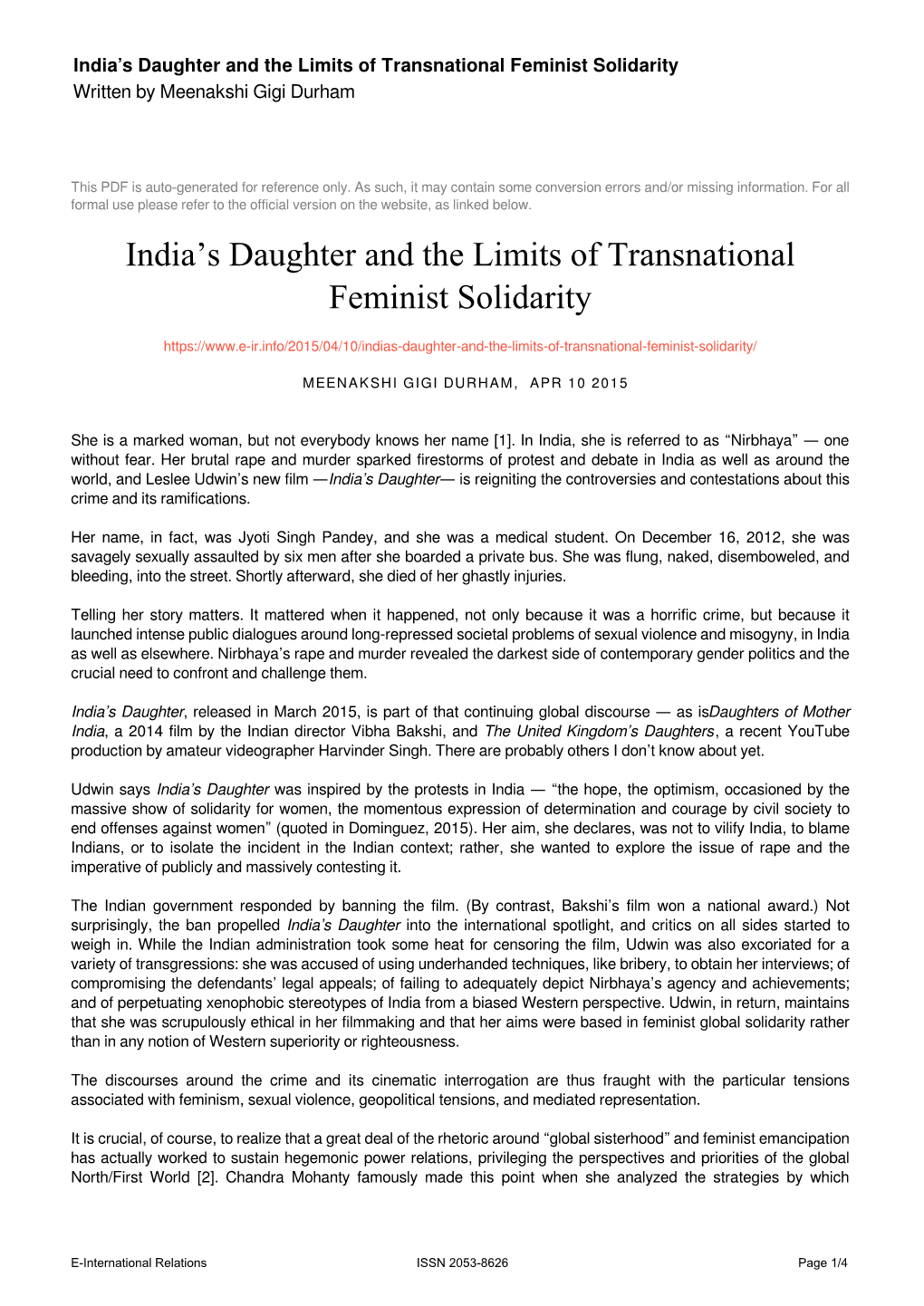 India's Daughter and the Limits of Transnational Feminist Solidarity