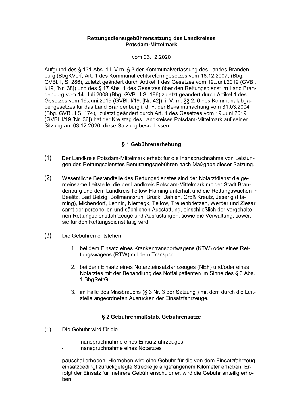 Rettungsdienstgebührensatzung Des Landkreises Potsdam-Mittelmark