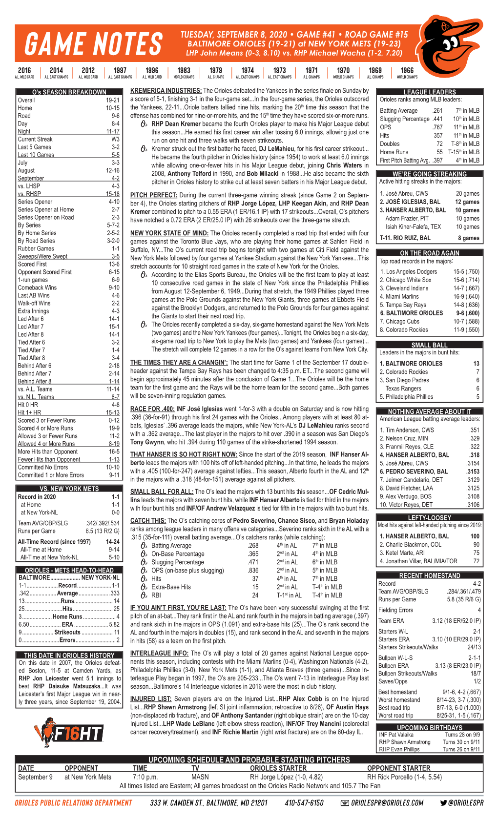 TUESDAY, SEPTEMBER 8, 2020 • GAME #41 • ROAD GAME #15 BALTIMORE ORIOLES (19-21) at NEW YORK METS (19-23) LHP John Means (0-3, 8.10) Vs