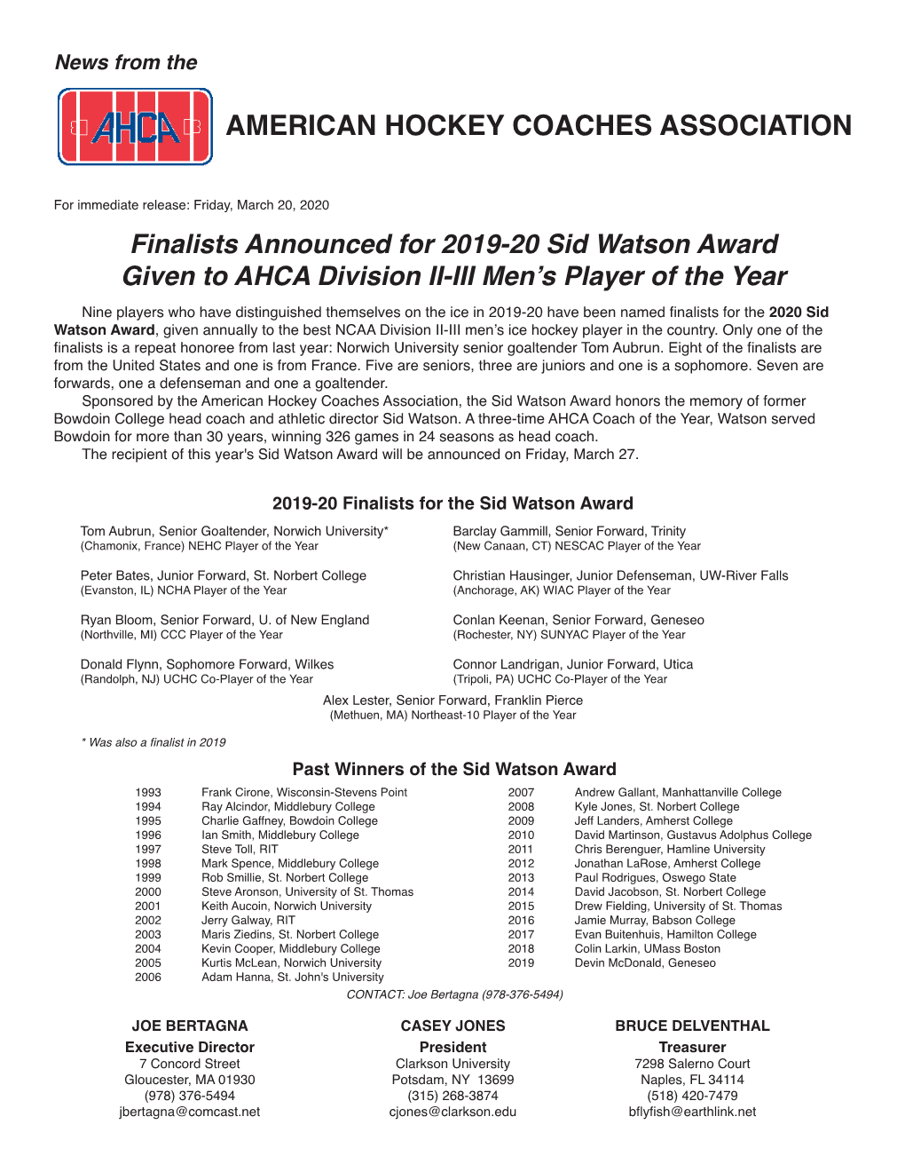 Finalists Announced for 2019-20 Sid Watson Award Given to AHCA