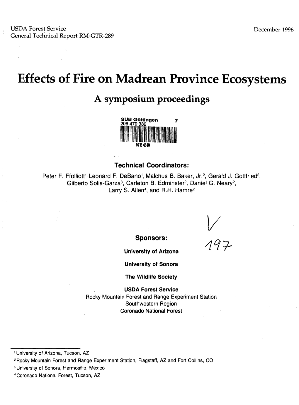 Effects of Fire on Madrean Province Ecosystems a Symposium Proceedings