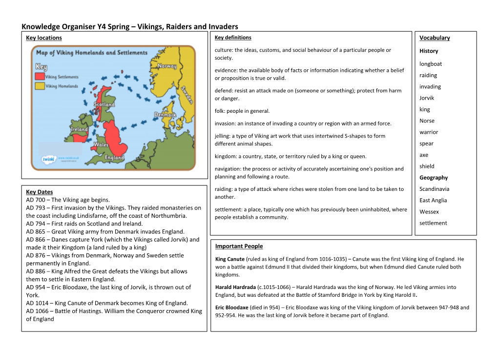 Knowledge Organiser Y4 Spring – Vikings, Raiders and Invaders Key Locations Key Definitions Vocabulary