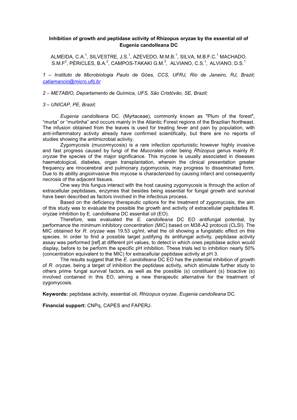 Inhibition of Growth and Peptidase Activity of Rhizopus Oryzae by the Essential Oil of Eugenia Candolleana DC