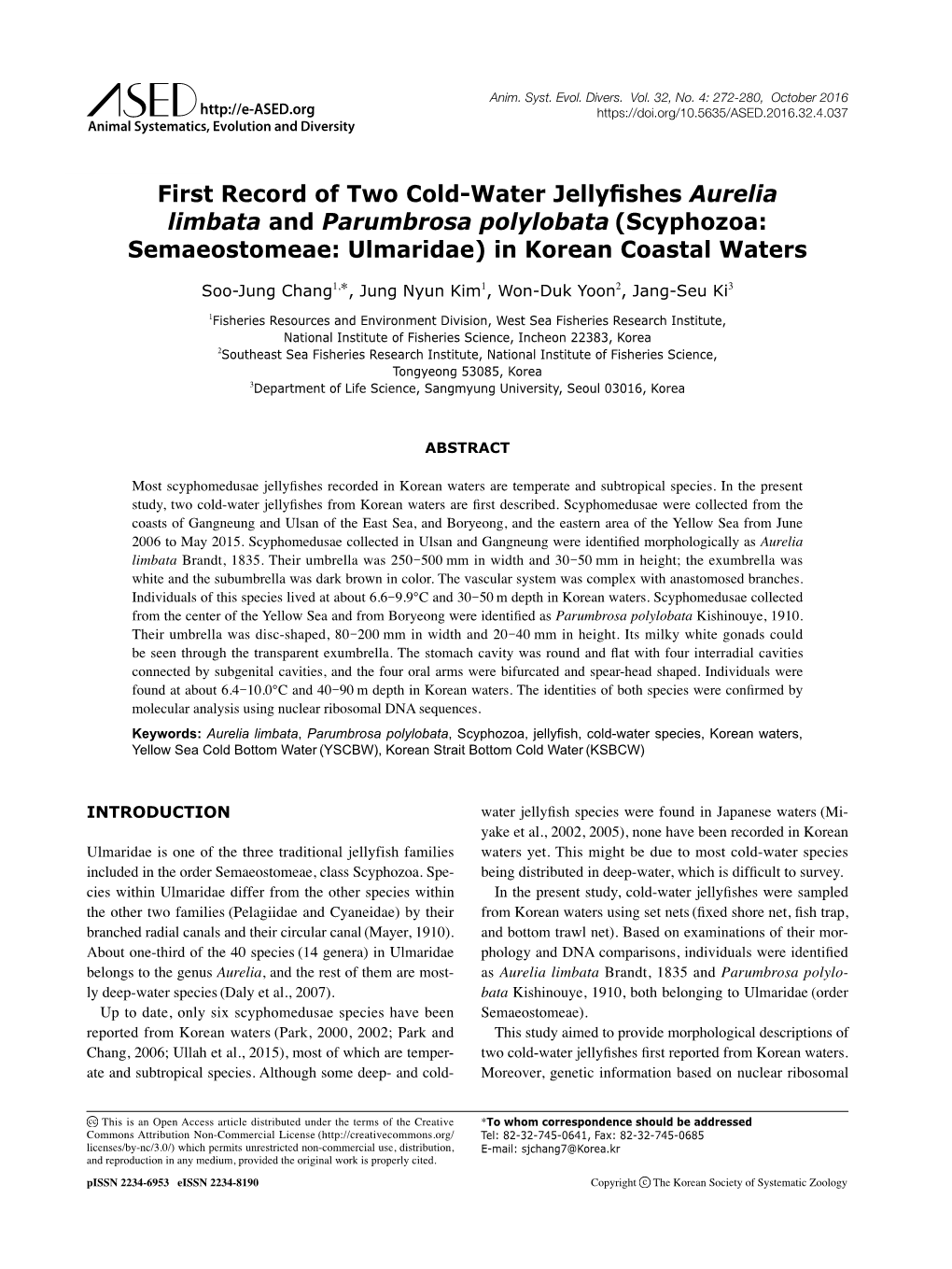 Scyphozoa: Semaeostomeae: Ulmaridae) in Korean Coastal Waters