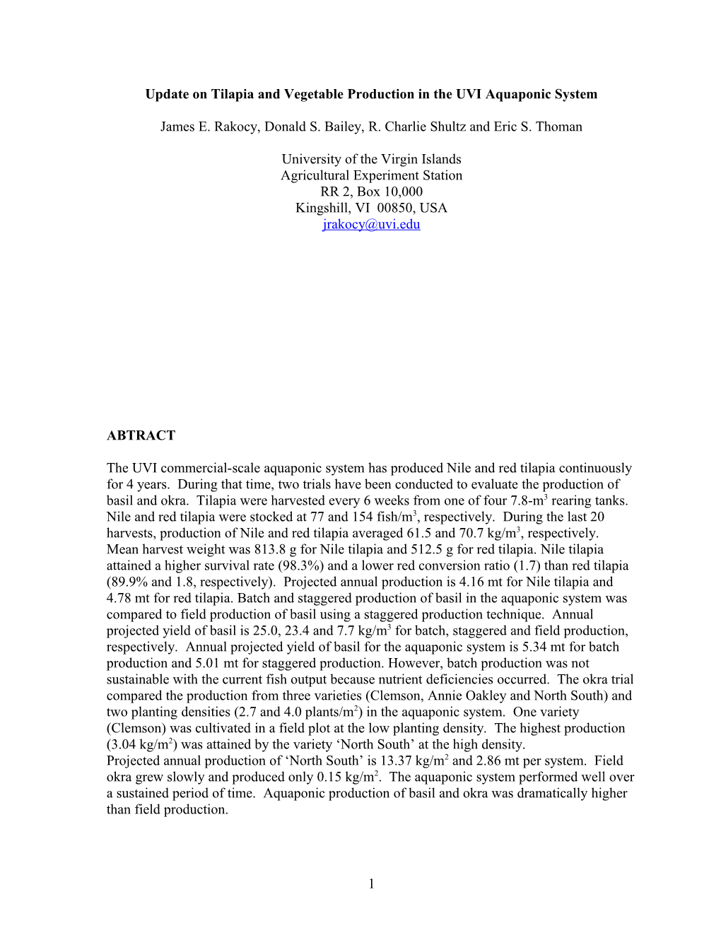 Update on Tilapia and Vegetable Production in the UVI Aquaponic System