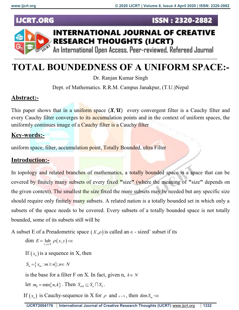 TOTAL BOUNDEDNESS of a UNIFORM SPACE:- Dr