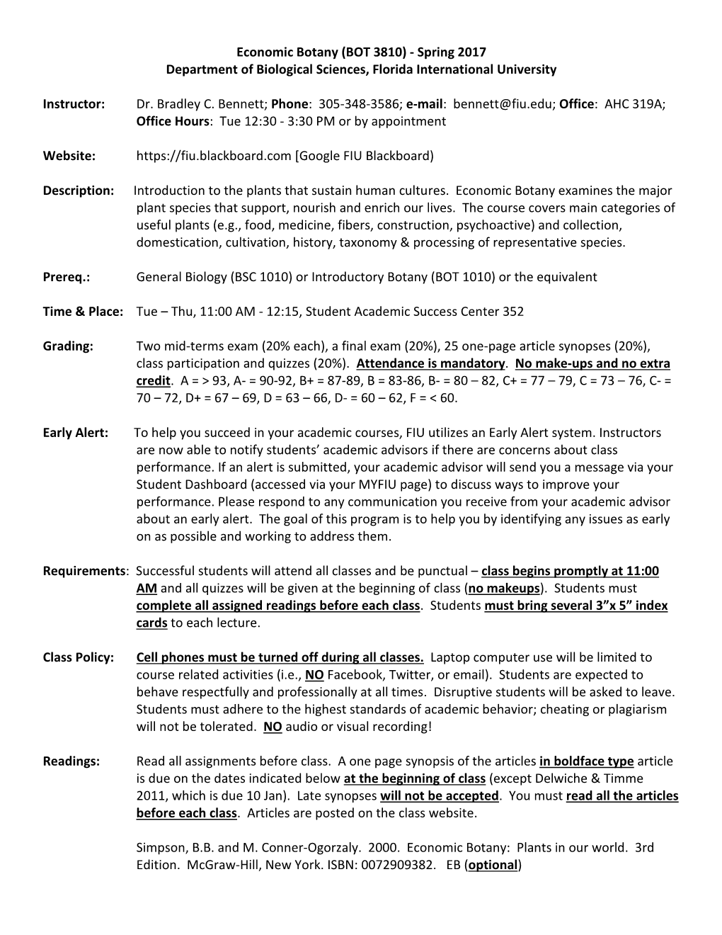 Economic Botany (BOT 3810) - Spring 2017 Department of Biological Sciences, Florida International University