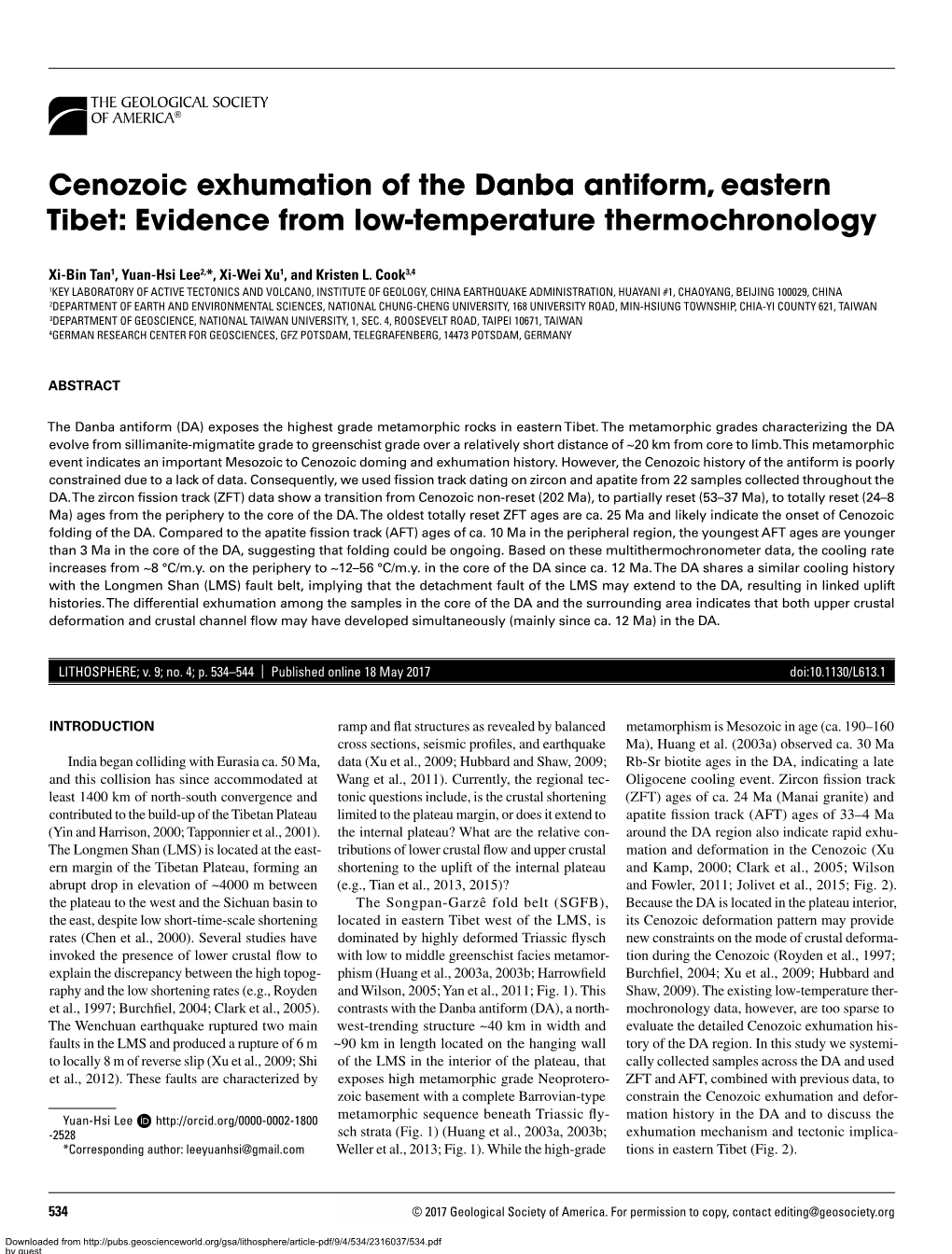 Cenozoic Exhumation of the Danba Antiform, Eastern Tibet: Evidence from Low-Temperature Thermochronology