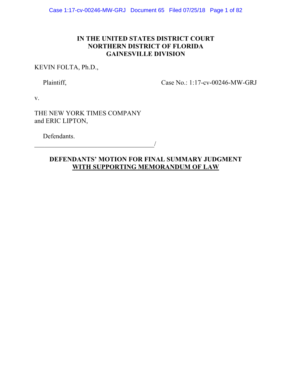 Motion for Final Summary Judgment with Supporting Memorandum of Law