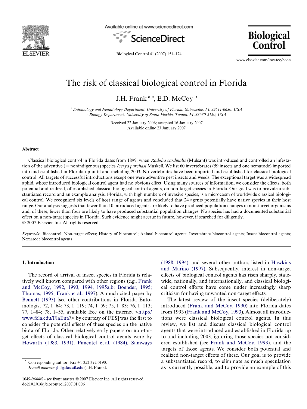 The Risk of Classical Biological Control in Florida