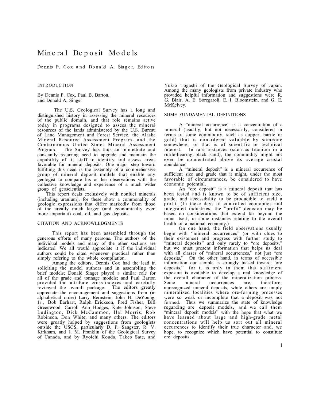 Mineral Deposit Models