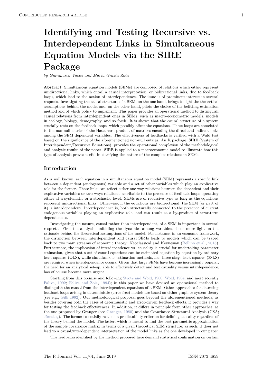 Identifying and Testing Recursive Vs. Interdependent Links in Simultaneous Equation Models Via the SIRE Package by Gianmarco Vacca and Maria Grazia Zoia