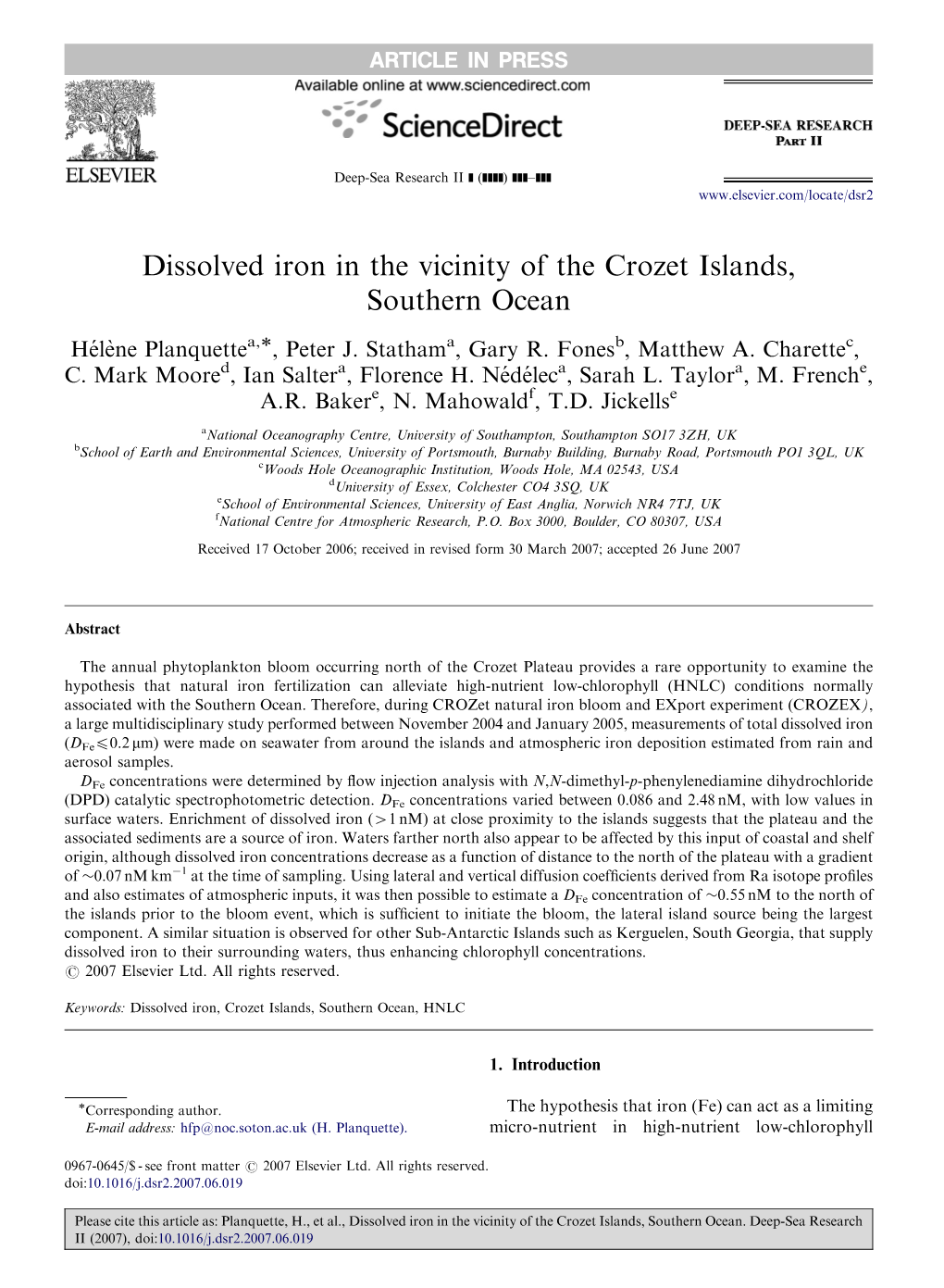 Dissolved Iron in the Vicinity of the Crozet Islands, Southern Ocean