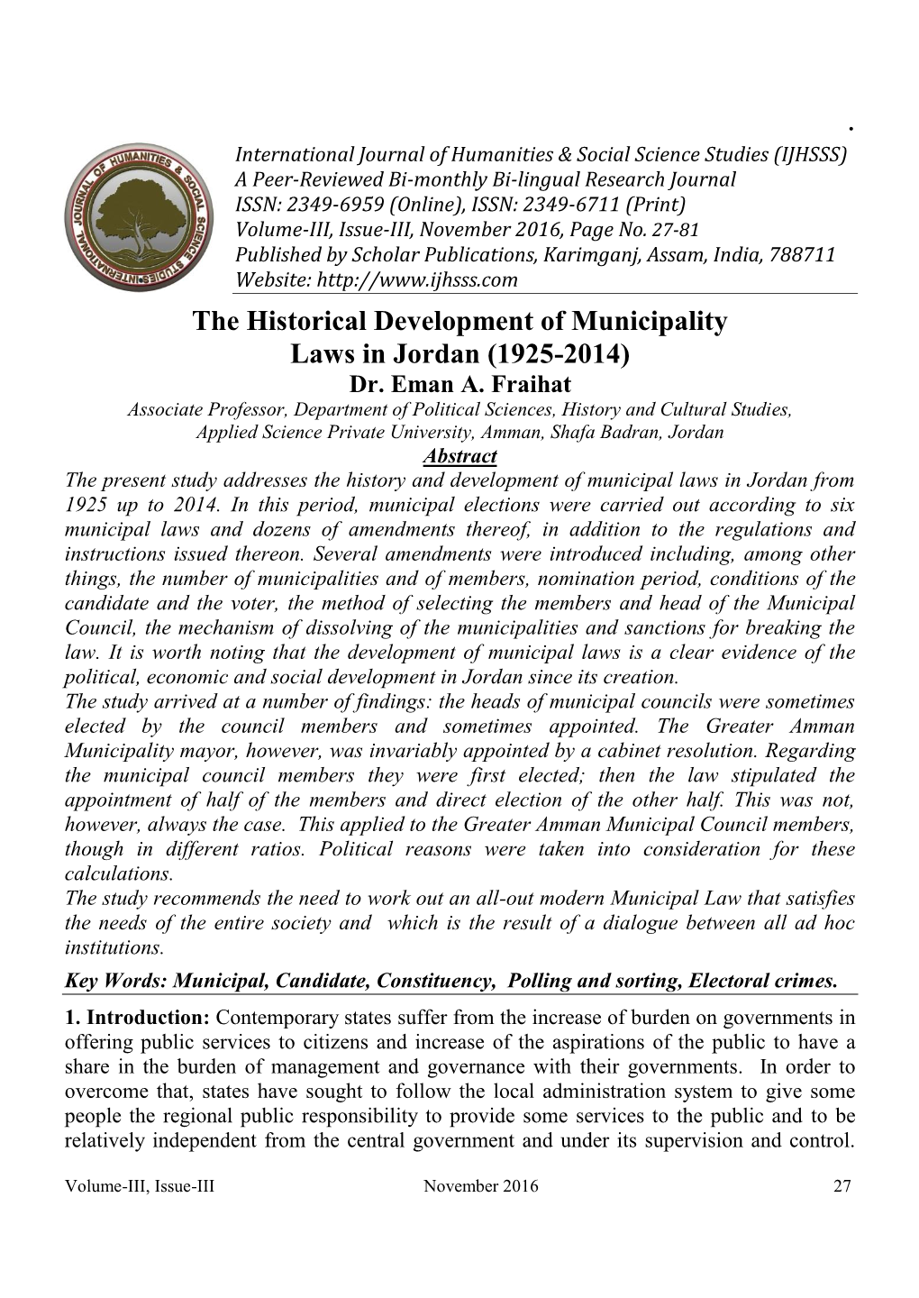 The Historical Development of Municipality Laws in Jordan (1925-2014) Dr
