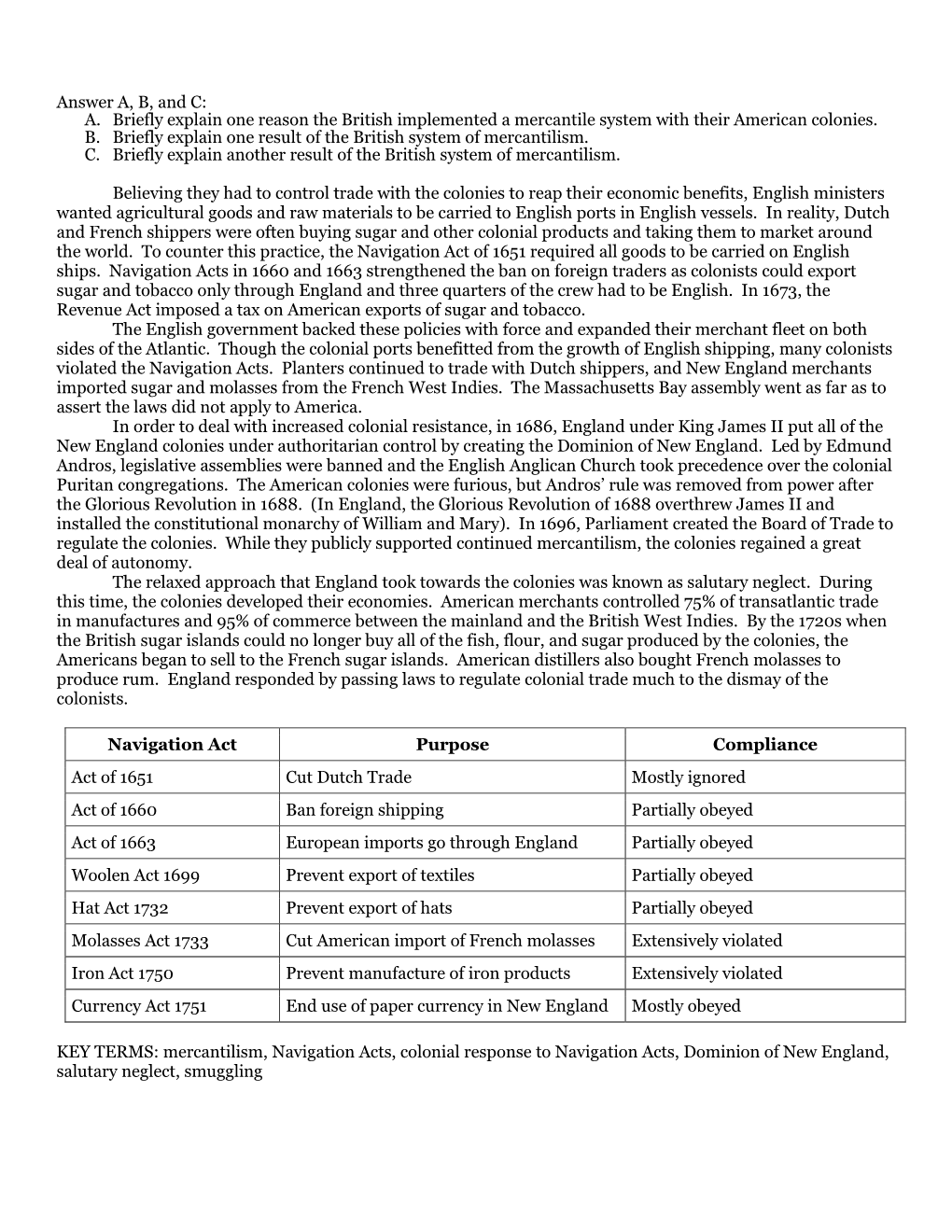 Answer A, B, and C: A. Briefly Explain One Reason the British Implemented a Mercantile System with Their American Colonies