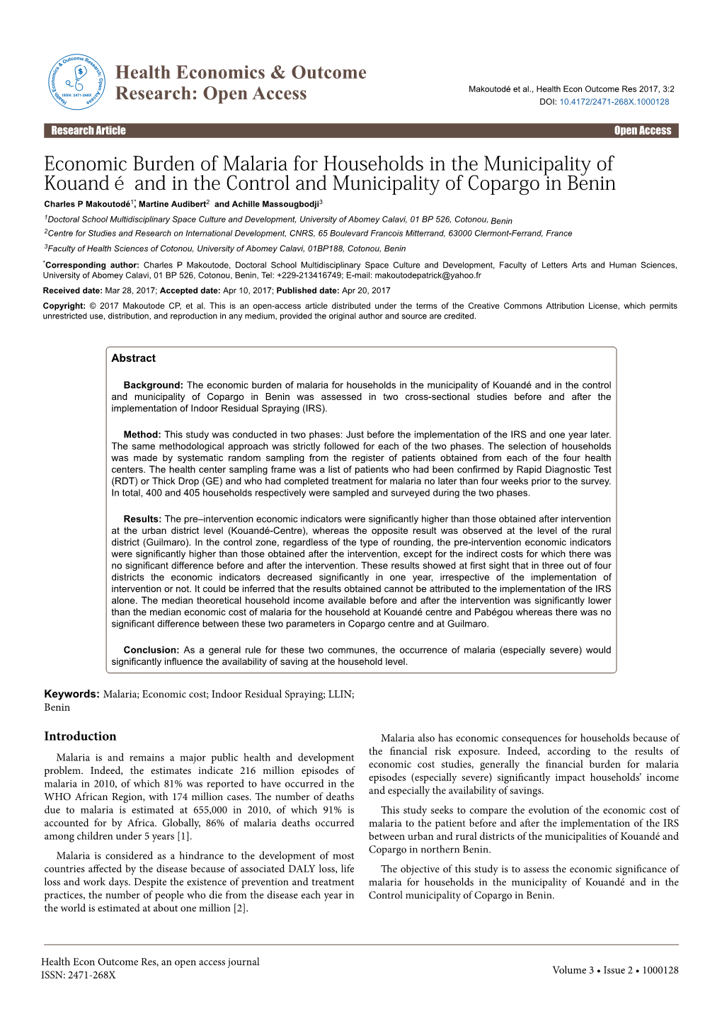 Economic Burden of Malaria for Households in the Municipality Of