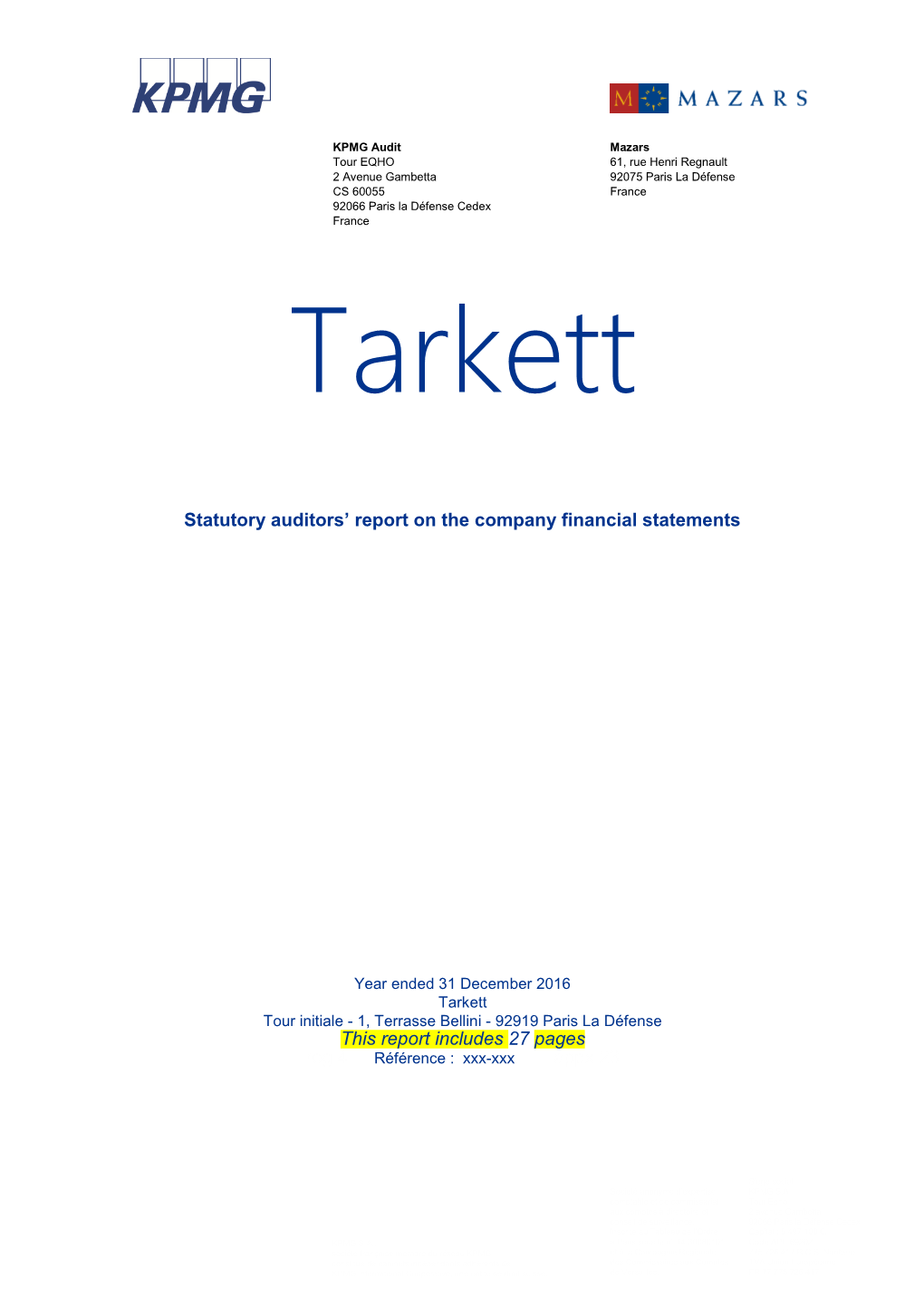 Statutory Auditors' Report on the 2016 Company Financial