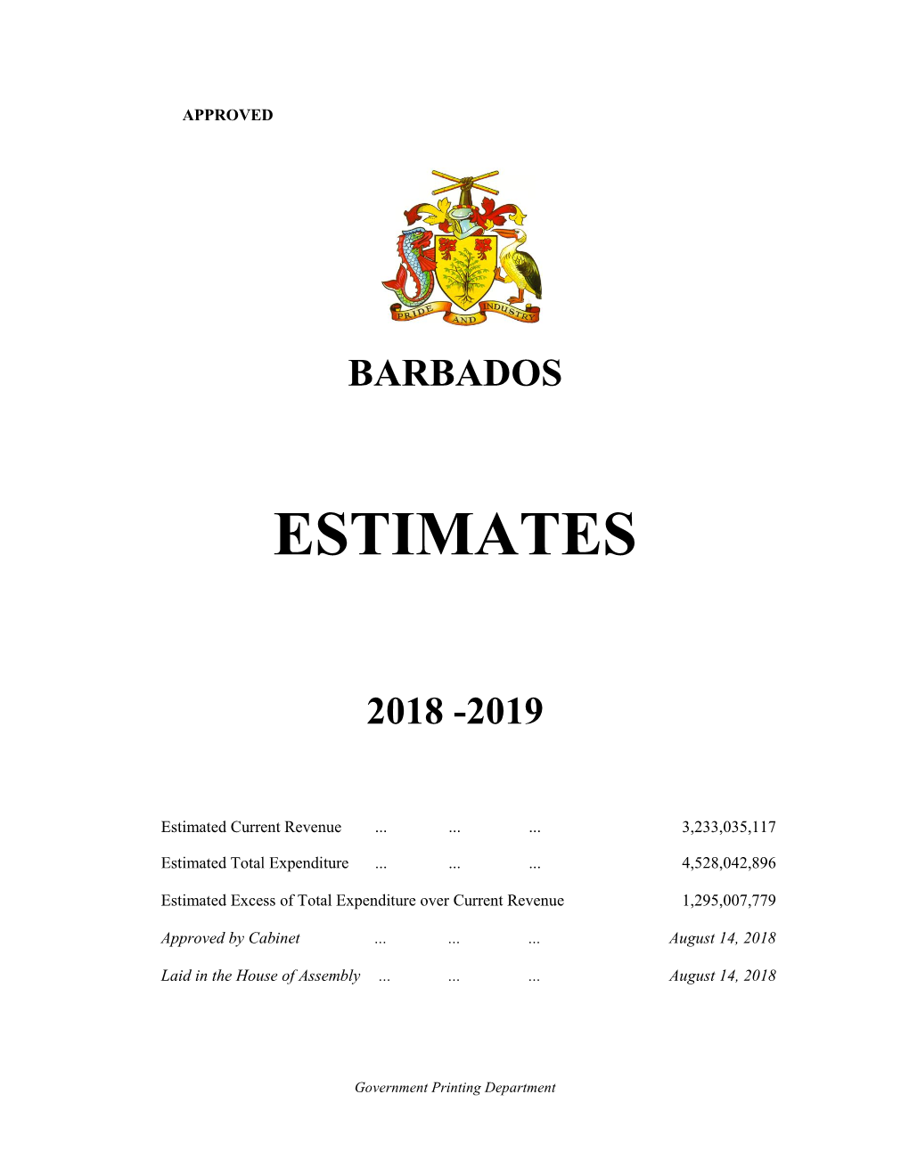 Barbados Approved Estimates 2018-2019