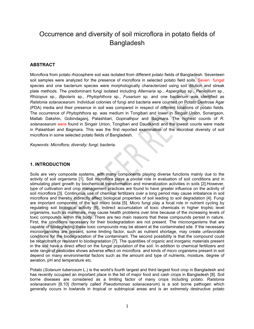 Occurrence and Diversity of Soil Microflora in Potato Fields of Bangladesh